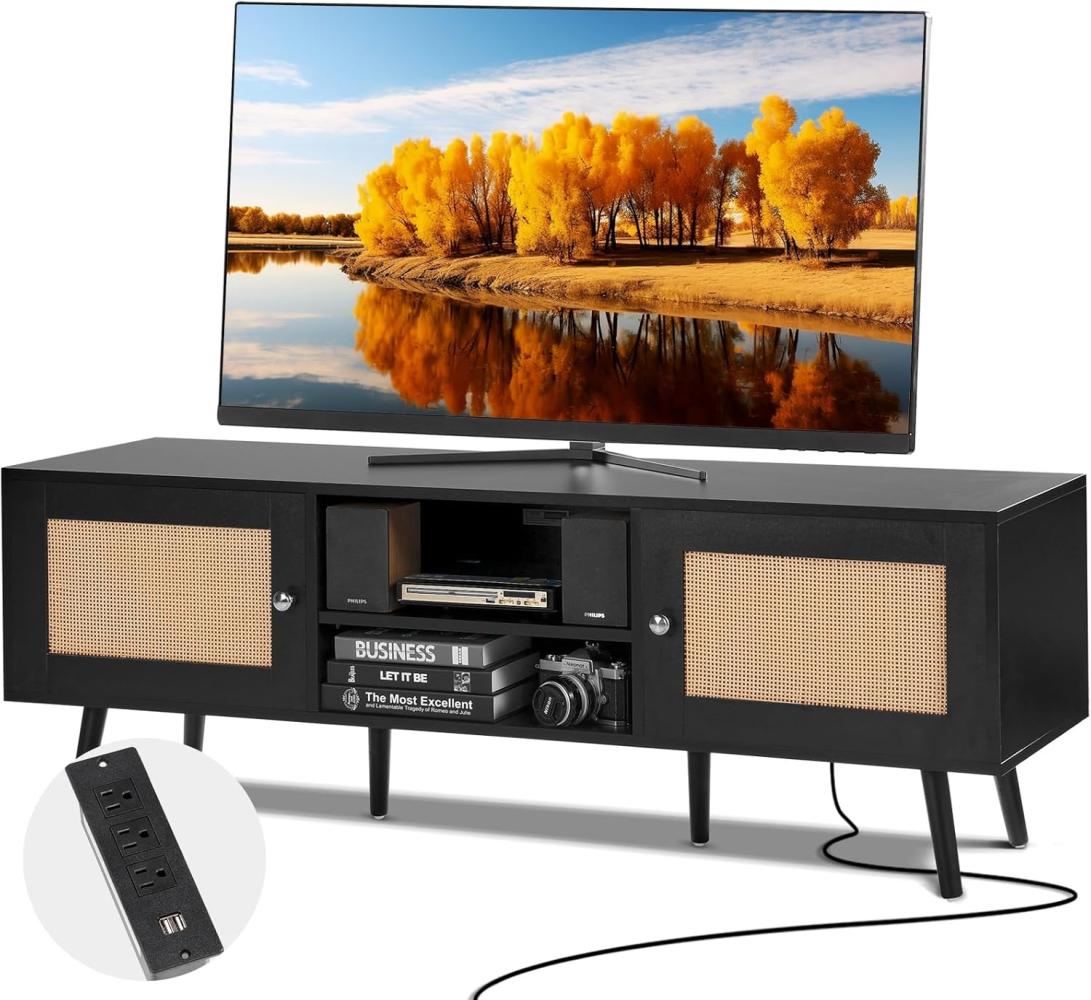 VEVOR Rattan-TV-Ständer für 165 cm Fernseher, Boho-TV-Ständer mit Rattantür, Fernsehschrank mit eingebauter Steckdose und USB-Anschlüssen, Moderne TV-Konsole für Wohnzimmer, Medienraum, schwarz Bild 1