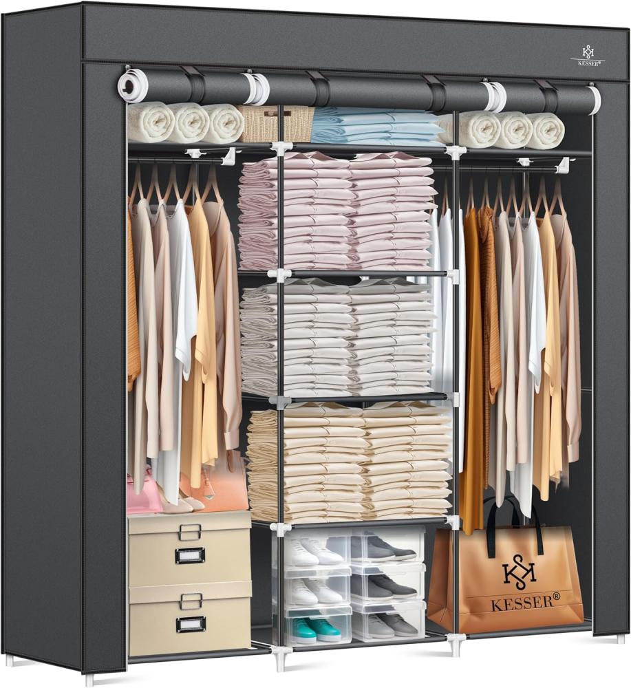 KESSER® Kleiderschrank Stoffschrank Stabil mit Kleiderstange & Ablagen, Inkl. 5x Kleiderbügel, Stoff Faltschrank für Schlafzimmer, Ankleidezimmer Garderobe mit Kleiderständer 150x45x175cm Anthrazit Bild 1