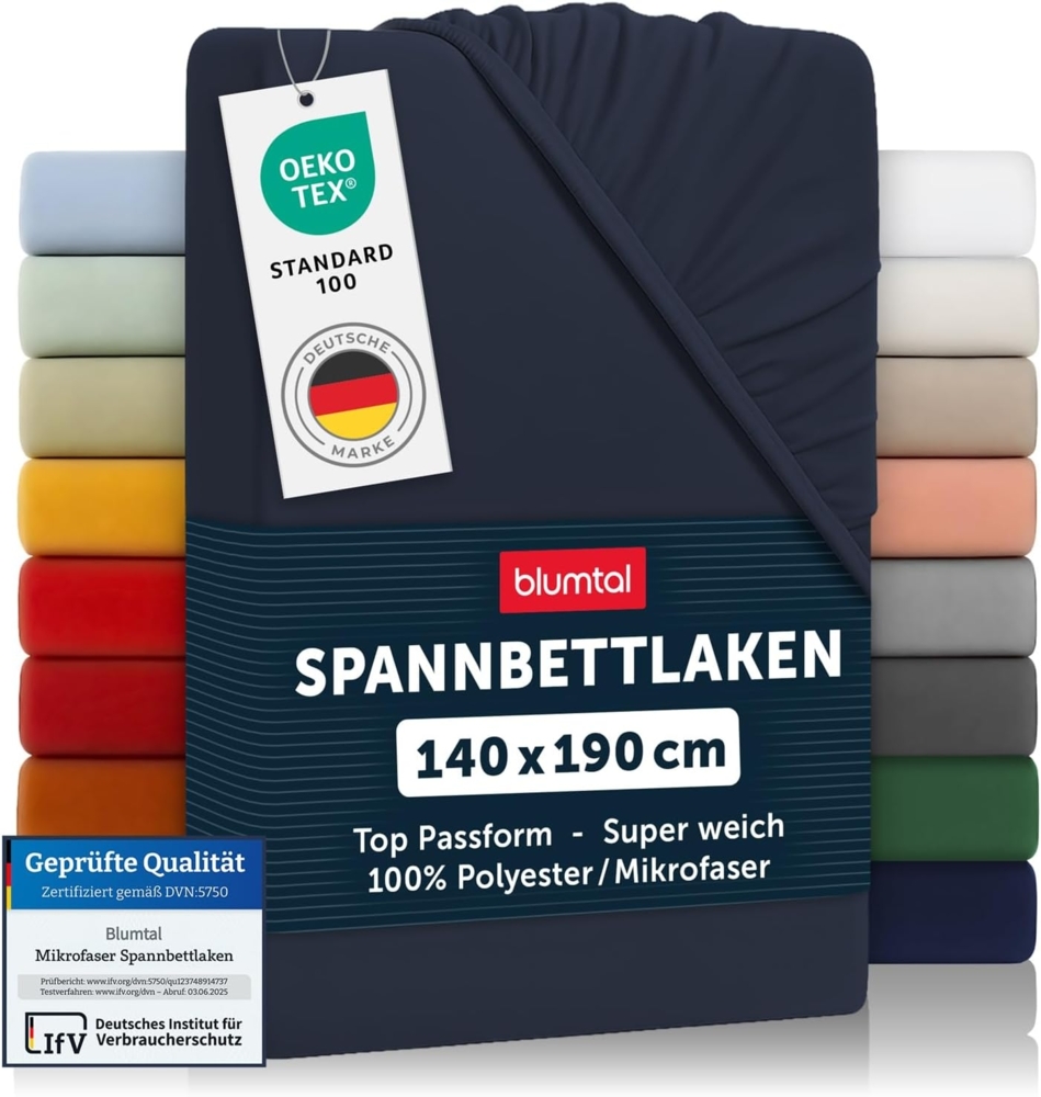 Blumtal® Spannbettlaken 140x190 cm - Bettlaken 140x190 aus Microfaser im 2er Set - Oekotex zertifiziertes Spannbetttuch 140x190 - Spannbettlaken 140x190 / Spannleintuch 140x190 - Dark Ocean Blue - Blau Bild 1