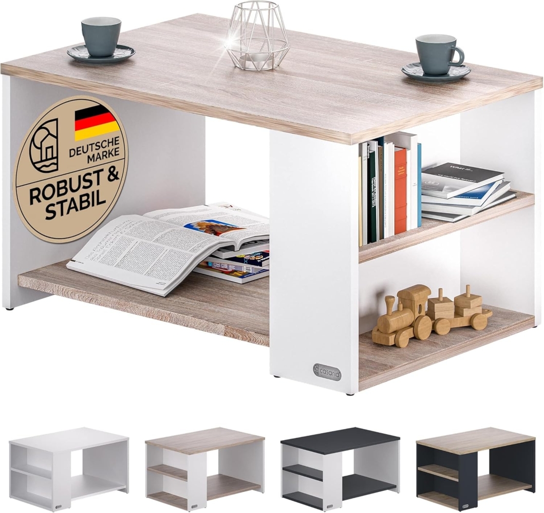 Casaria Couchtisch Santa Cruz, Holz Weiß Eiche mit Stauraum 90x60x50cm 2 Ablagen Eckig Matt Modern Bild 1