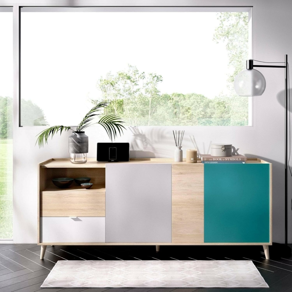 Dmora - Marmontana Kommode, Wohnzimmer Kommode, Moderne Kommode mit 3 Türen, 180x43h75 cm, Eiche und Grau Bild 1