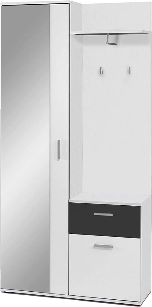 byLIVING Kompakt-Garderobe JAKOB / Korpus in Weiß / Schubladen-Front in Schwarz / Garderobe mit großer Spiegeltür / Fest montiertes Set / Kommode / Schuh-Schrank / B 97, H 195, T 30 cm Bild 1