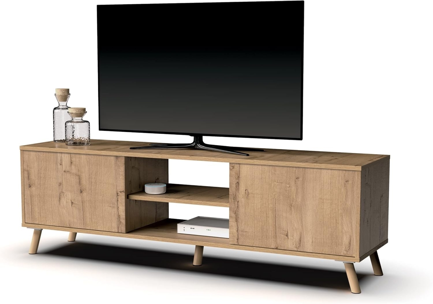 Muebles Pitarch | TV-Schrank mit Beinen, 2 Türen und Regal, industrieller Fernsehschrank, Eiche Gold, 55 x 160 x 40 cm, Wohnzimmermodul, Modern, Modell Oslo Bild 1