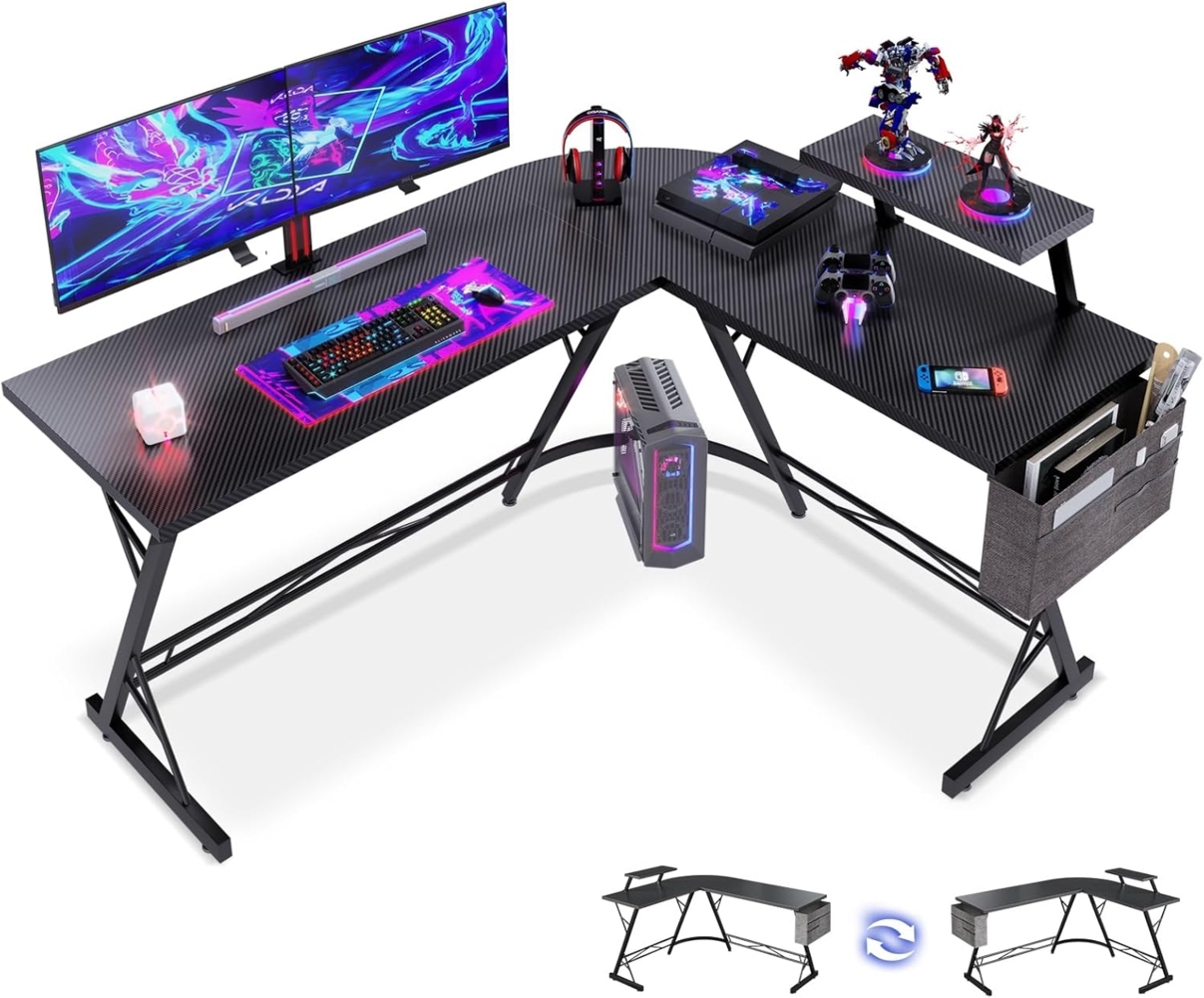 ODK L-förmiger Gaming-Schreibtisch mit runder Ecke, Schreibtisch mit Monitorständer, Computertisch für Home-Office, L-Schreibtische Arbeitsplätze (Kohlefaser Helles Schwarz Desk, 147 x 120 cm) Bild 1