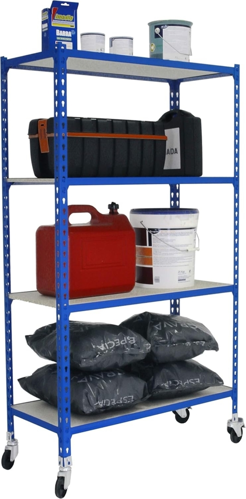 Simon Rack Schwerlastregal mit Rollen, 1575 x 800 x 300 mm, Bis 75 kg Belastbar, 4 Verstellbare Ablagen, MDF-Platten, Kellerregal, Lagerregal, Blau/Holz - Maderclick Bild 1