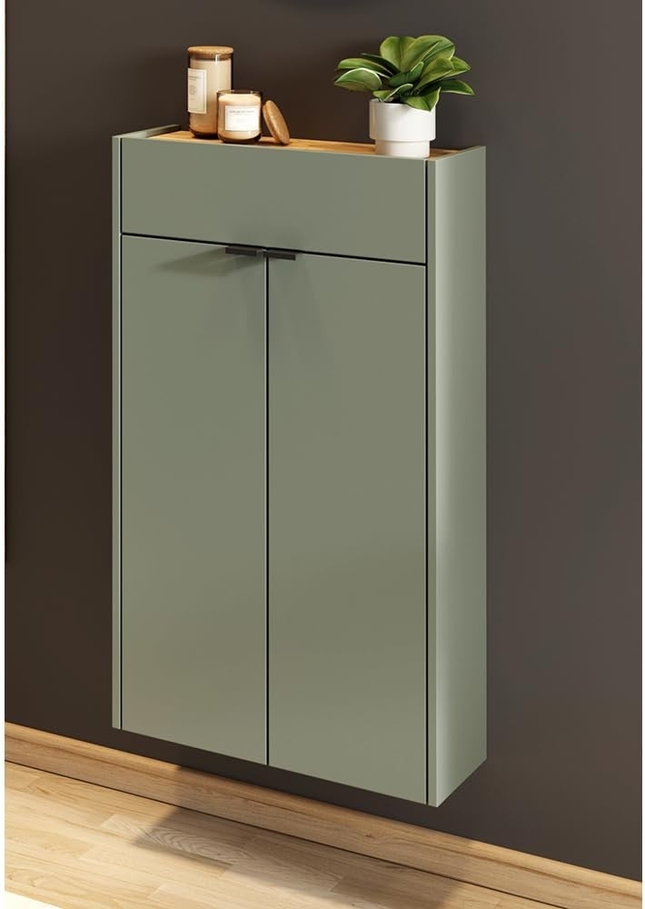 Lomadox Schuhschrank ABERDEEN-01 grün mit Eiche Nb, ideal für schmale Flure, 56/97/22 cm Bild 1