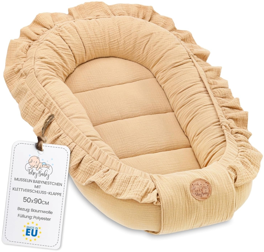 Babynest babynestchen neugeborene mit tragegriff 90x50 cm baby nestchen tragbar nest für bett kinder kuschelnest coccon für Jungen und Mädchen Beige Musselin B Bild 1