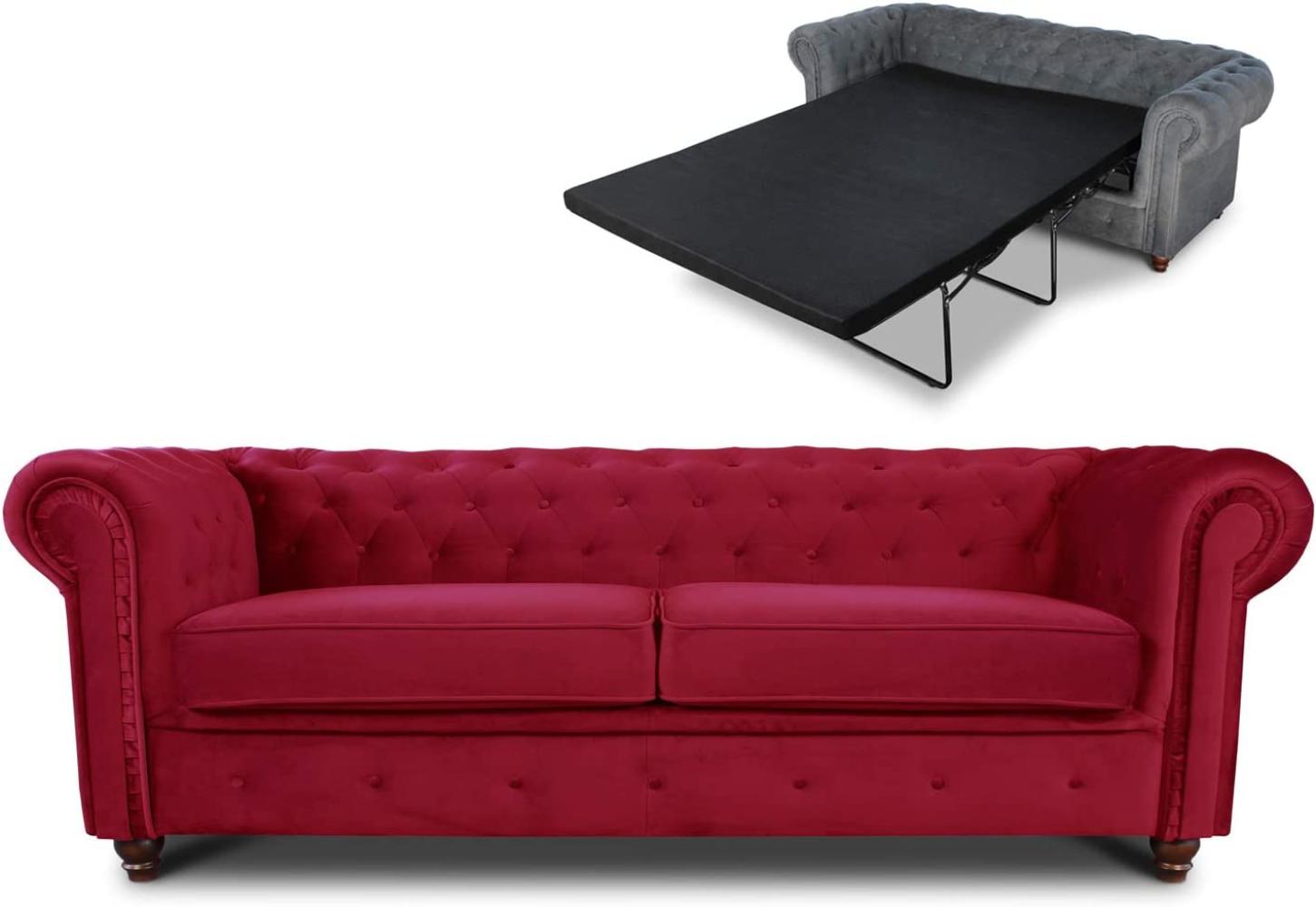 Schlafsofa Chesterfield Asti Bis 3-Sitzer, Sofa mit Schlaffunktion, Couch 3-er, Couchgarnitur, Sofagarnitur, Holzfüße, Polstersofa (Rot (Velvet 59)) Bild 1