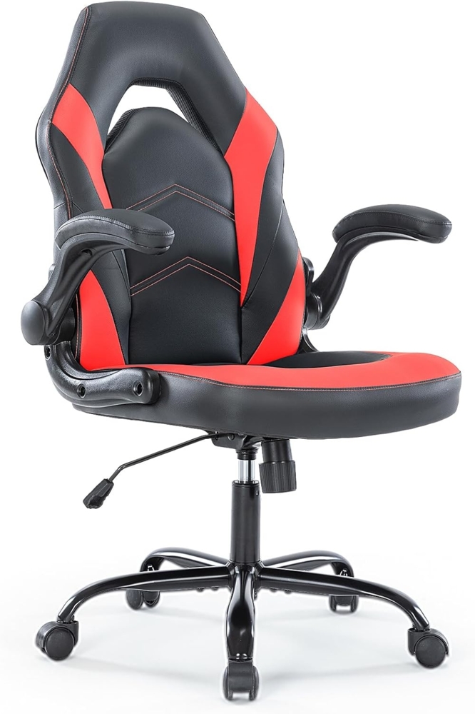 Sweetcrispy Gaming Stuhl,Leder Ergonomischer Bürostuhl,Gamer PC Stühle mit Armlehne,90-120° Einstellbar Gaming Chair,Drehbar Schreibtischstuhl Computerstuhl,Schwarz Rot Bild 1