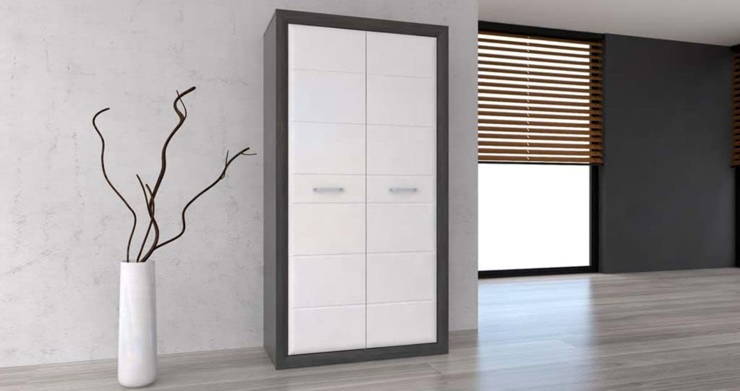 FORTE Möbel Lennox New Kleiderschrank 103, 2-türiger Drehtürenschrank mit Kontrastrahmen, Holzwerkstoff, Weiß mit Betonoptik, 103 cm breit, 197,3 cm hoch, 59,6 cm tief Bild 1