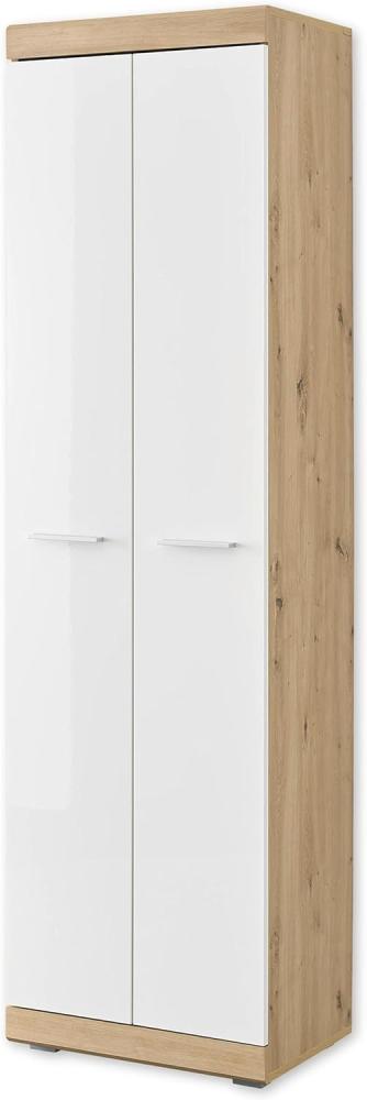 NOLA Garderobenschrank in Artisan Eiche Optik, Weiß Hochglanz - Moderner Flurgarderoben Schrank mit viel Stauraum - 55 x 195 x 38 cm (B/H/T) Bild 1