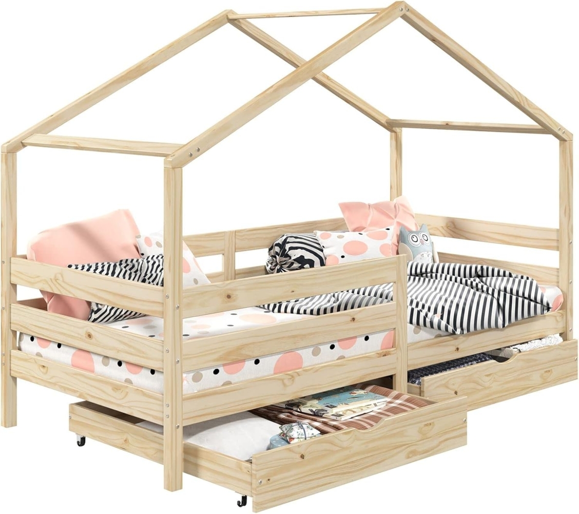 IDIMEX Kinderbett ENA, Hausbett Montessori 90 x 200 Bett Rausfallschutz Kiefer Schubladen Kin Bild 1