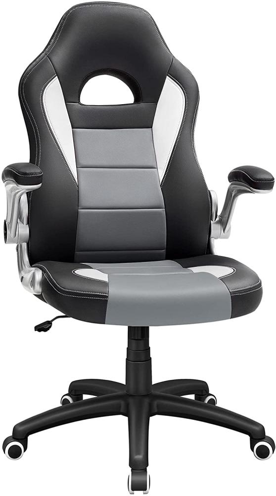 Songmics Gamingstuhl, Racing Chair, Schreibtischstuhl mit hoher Rückenlehne, Bürostuhl, höhenverstellbar, hochklappbare Armlehnen, Wippfunktion, für Gamer, schwarz-grau-weiß OBG28G Bild 1