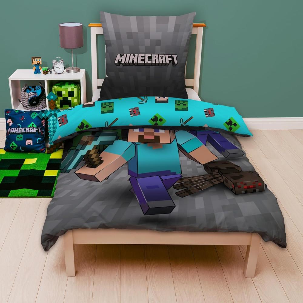 Minecraft Bettwäsche Set für Jungen Kinderbettwäsche 135x200 80x80 cm Motiv Ores mit Steve und Creeper Bild 1