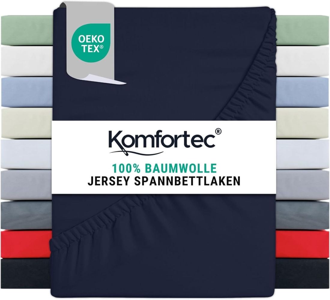 Komfortec Spannbettlaken Jersey 100% Baumwolle – 90x200 cm – 135g/m² – Weich, Atmungsaktiv & Hautfreundlich – Mit Rundumgummi – Oeko-Tex Zertifiziert – Für Boxspring, Topper & Matratzen – Blau Bild 1