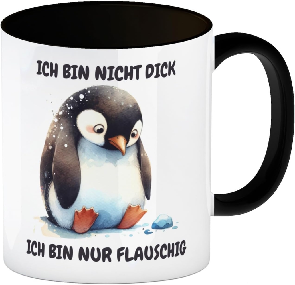 speecheese Tasse Flauschiger Pinguin Kaffeebecher in schwarz mit Spruch Nicht dick nur Bild 1