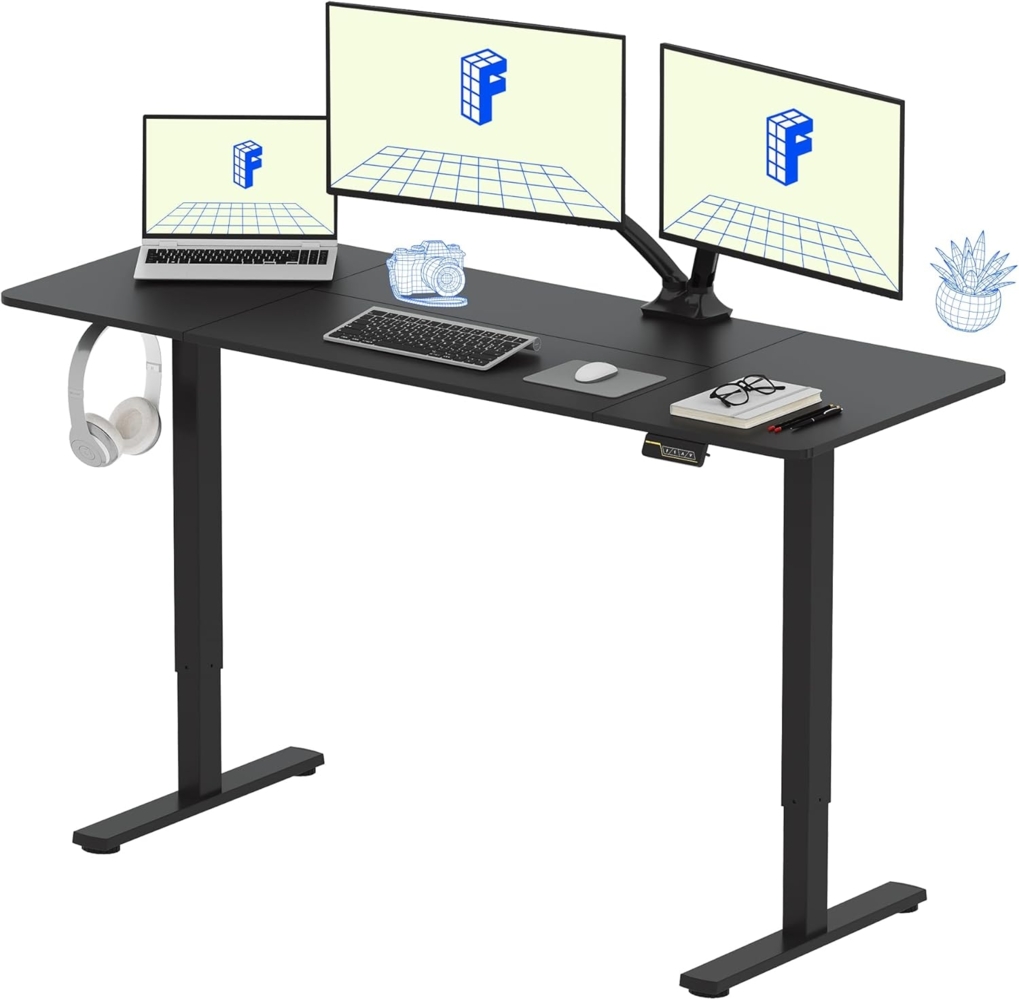 FLEXISPOT Höhenverstellbarer Schreibtisch Basic Plus 160x60 cm - Ergonomisches Sitz-Stehpult mit Haken- Memory-Handsteuerung(Schwarz) Bild 1