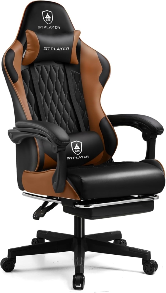 GTPLAYER Gaming Stuhl, Gamer Stuhl, Ergonomischer Bürostuhl mit mit Fußstütze verstellbare Lenden und Kopfkissen, Gaming Chair Gepolstert, Gaming Sessel 150 kg Belastbarkeit braun Bild 1