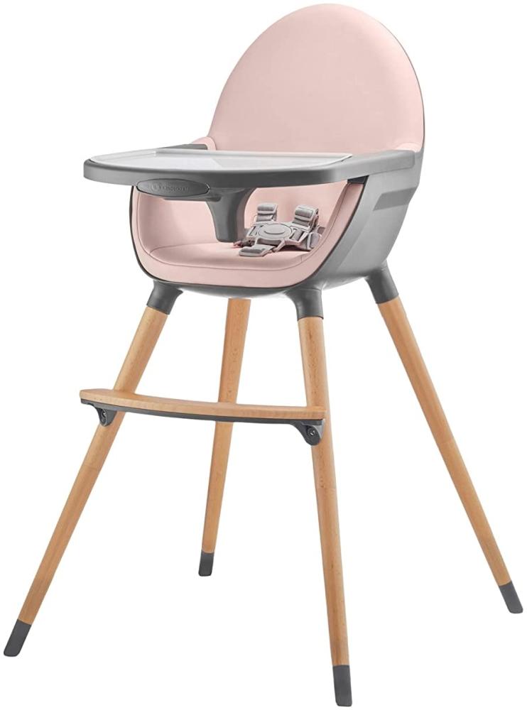 kk Kinderkraft Hochstuhl FINI 2 in 1, Kinderhochstuhl, Babystuhl, Kombihochstuhl, Beine aus Holz, Sicherheitsgurte, Fußstütze, Doppeltablett, ab 6 Monate bis 5 Jahre, 5 Punkt Gurte, Rosa Bild 1