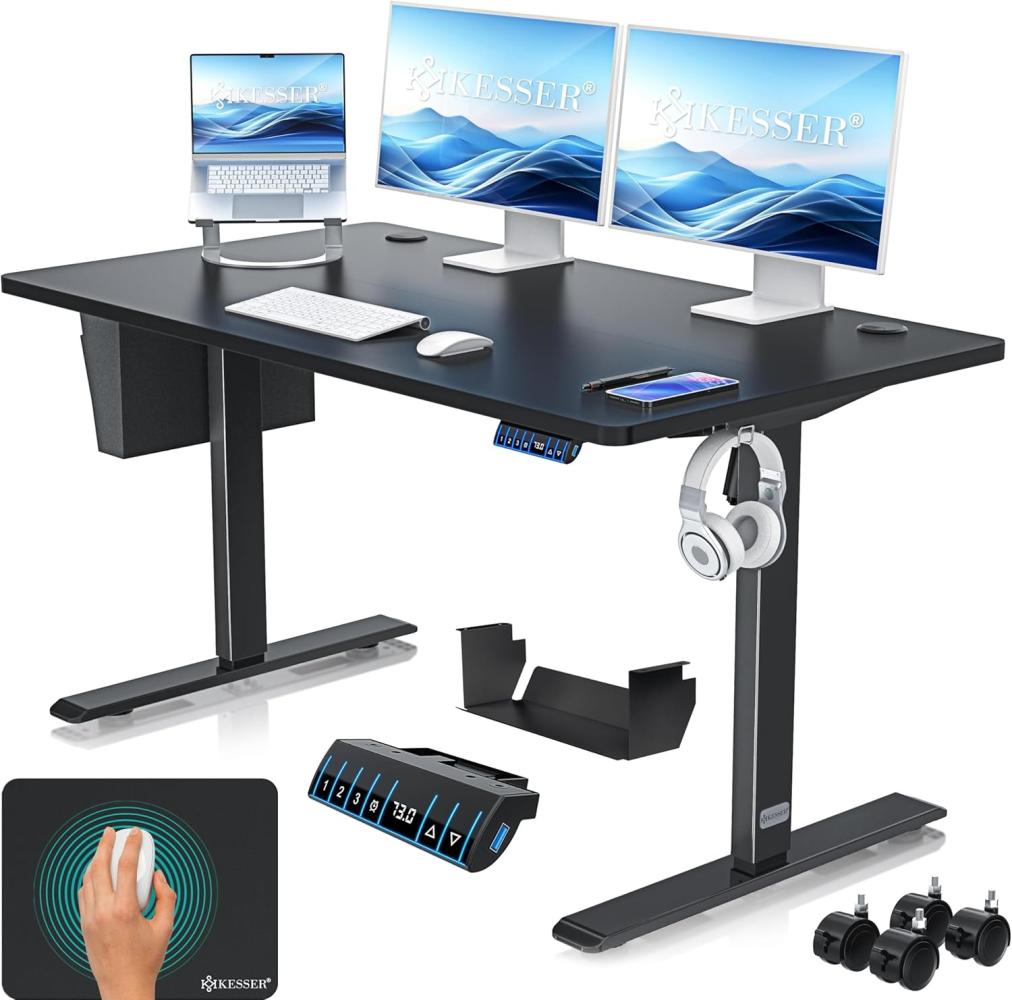 KESSER® Höhenverstellbarer Schreibtisch elektrisch | Ergonomisch Steh-Sitz Schreibtisch | 3-Funktions-Memory Steuerung | Inkl. 360° Rollen & USB-Ladeanschluss | Computertisch für Homeoffice Schwarz, 140x70 cm Bild 1