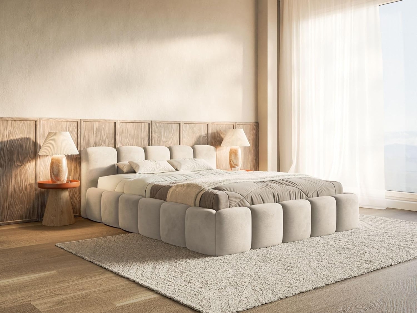 Selsey Polsterbett 160x200 cm Modernes Design, Stabiler Metallrahmen mit Gasdruckfedern Piano-Veloursstoff in Hellbeige Bett mit Bettkasten Maximale Belastung 250 kg Bild 1