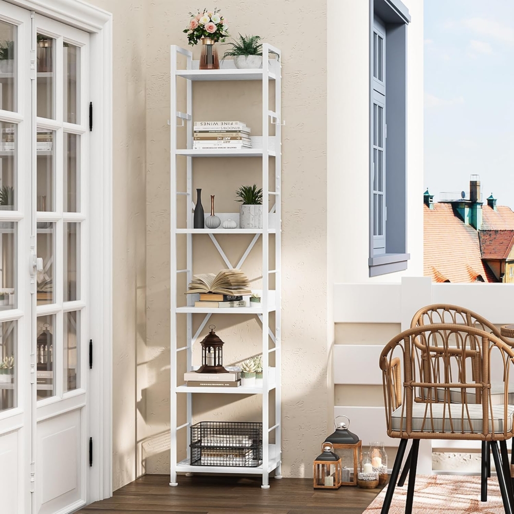 YITAHOME Bücherregal mit 6 Ebenen, bodenstehendes Bücherregal mit 4 Haken, Holzregal und Bücherregal mit Metallrahmen, industrielles Hochregal zur Aufbewahrung für Wohnzimmer, Heimbüro, reinweißes Bild 1