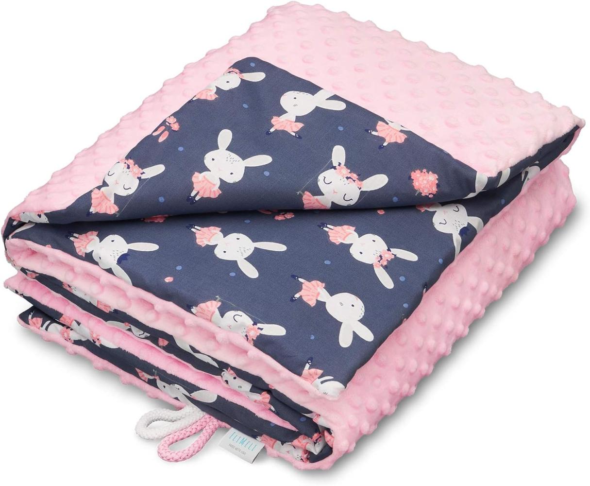 EliMeli Minky Babydecke Kuscheldecke Krabbeldecke | super weichem Minky Polar Fleece | Baumwolle | Füllung | 75x100 hoch Qualität (Pink - Navy Blue Rabbits) Bild 1