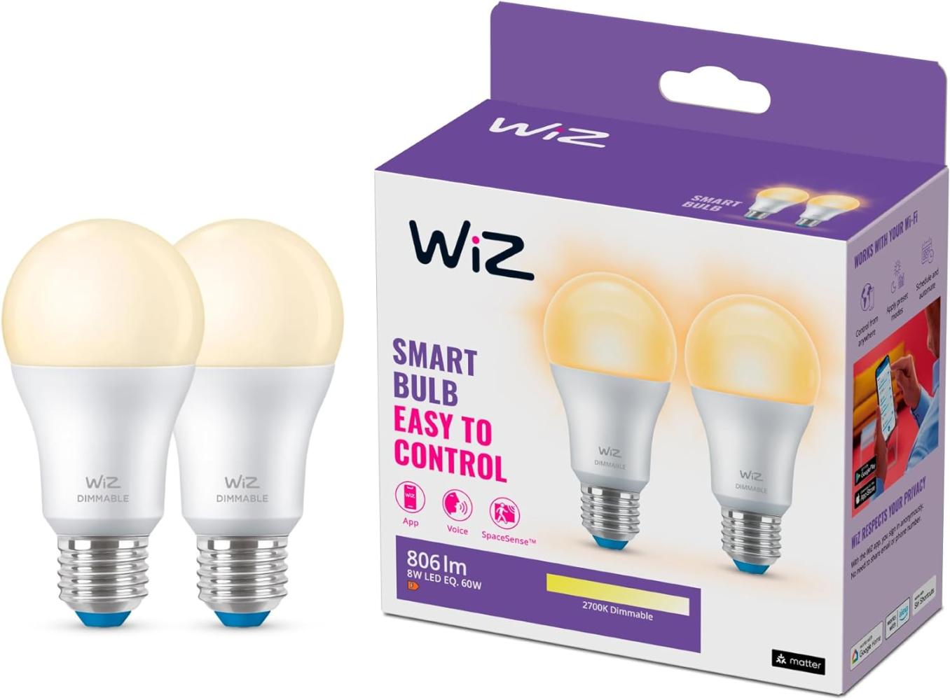 WiZ White 60W E27 Standardform Dimmable matt Doppelpack Bild 1