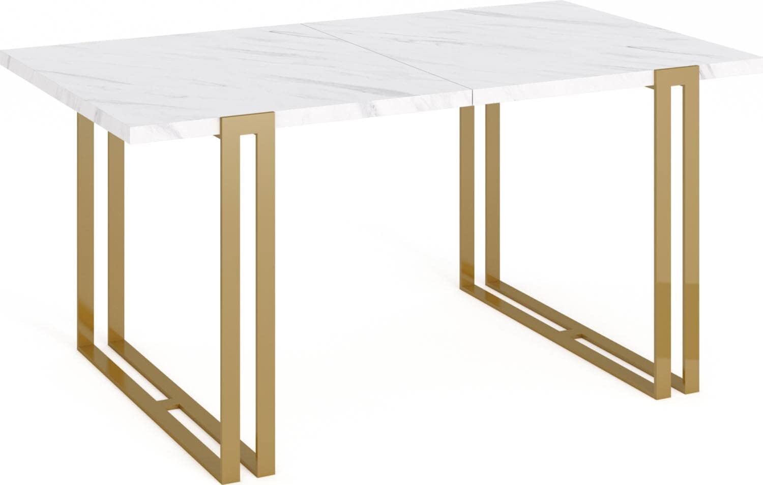 Ausziehbarer Esstisch Weiss - Tisch im Loft-Stil mit Metallbeinen - Industrietisch für das Wohnzimmer - Spacesaver - 140/240 cm - Marmor Weiss - Goldene Beine Bild 1