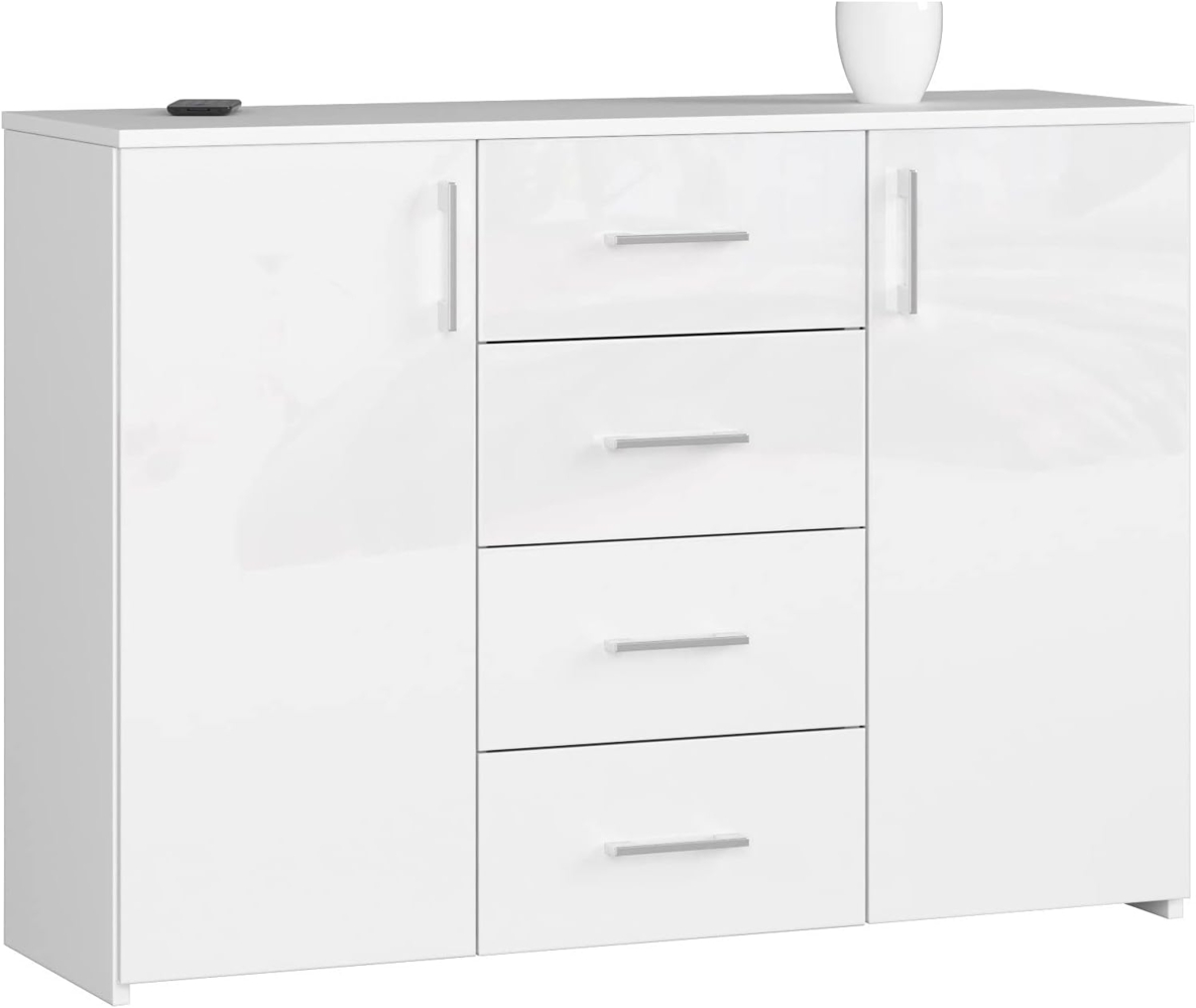 AKORD Kommode K45 mit 4 Schubladen und 2 Ablagefächern mit Türen | für das Wohnzimmer Schlafzimmer Schrank Büro Arbeitszimmer | B110 x H80 x T35 cm, Gewicht 43kg | Weiß/Weiß Glänzend Bild 1