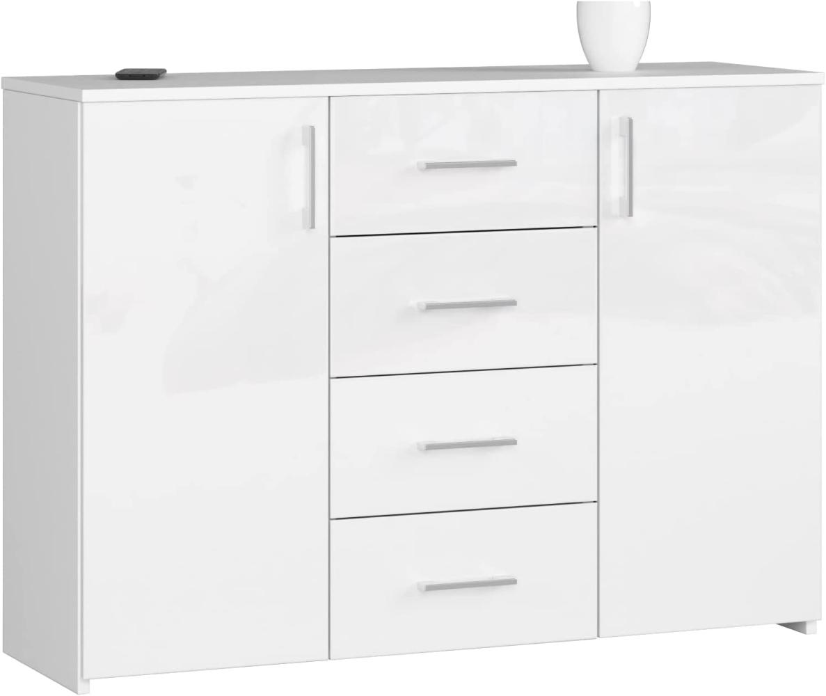 AKORD Kommode K45 mit 4 Schubladen und 2 Ablagefächern mit Türen | für das Wohnzimmer Schlafzimmer Schrank Büro Arbeitszimmer | B110 x H80 x T35 cm, Gewicht 43kg | Weiß/Weiß Glänzend Bild 1