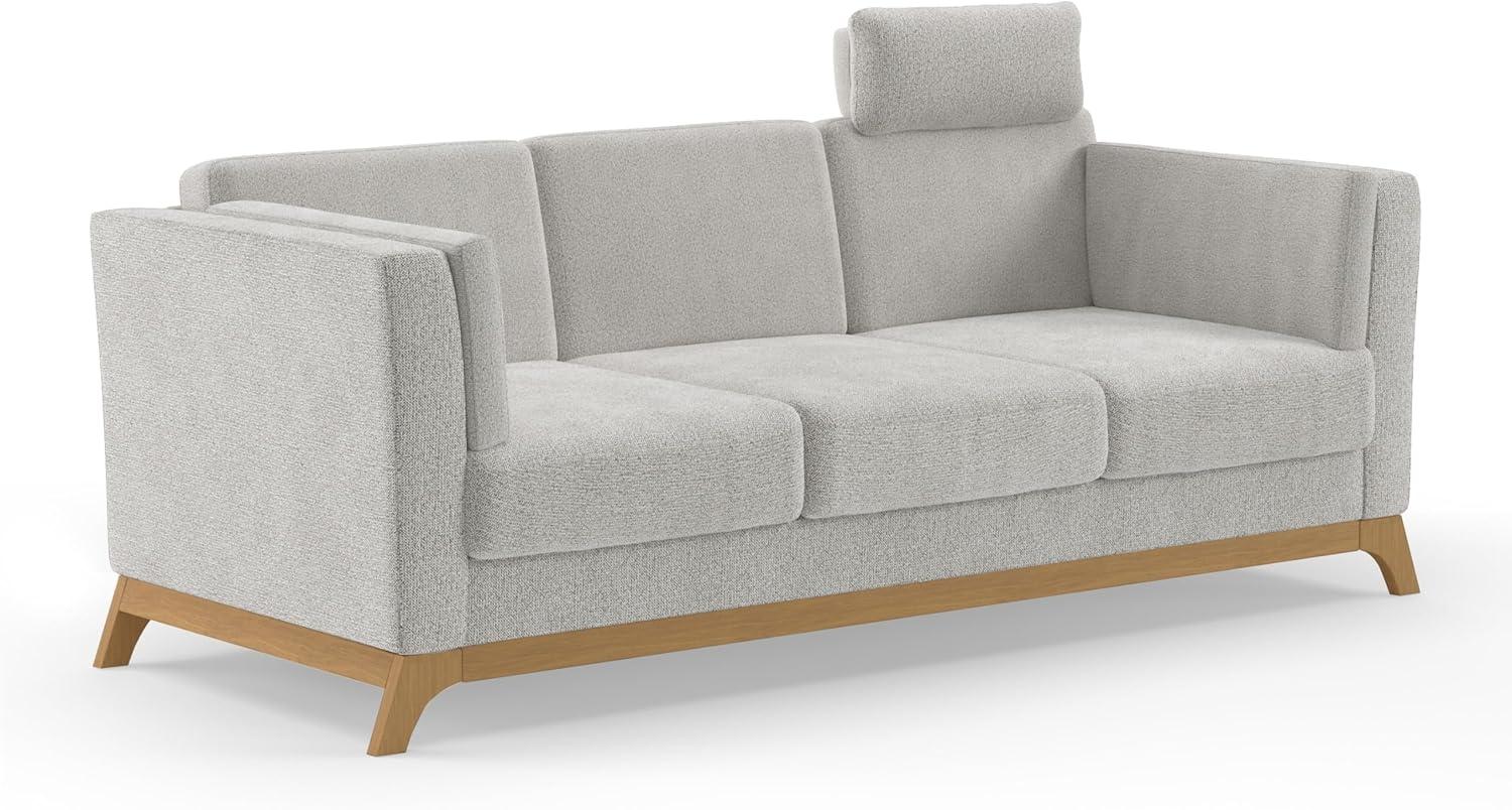 Cavadore 3er-Sofa Vida / 3-Sitzer Couch im trendigen Design mit massivem Holzrahmen in Eiche, Kopfstütze mit Kuschelkissen / 213 x 84 x 93 / Chenille, Beige Bild 1