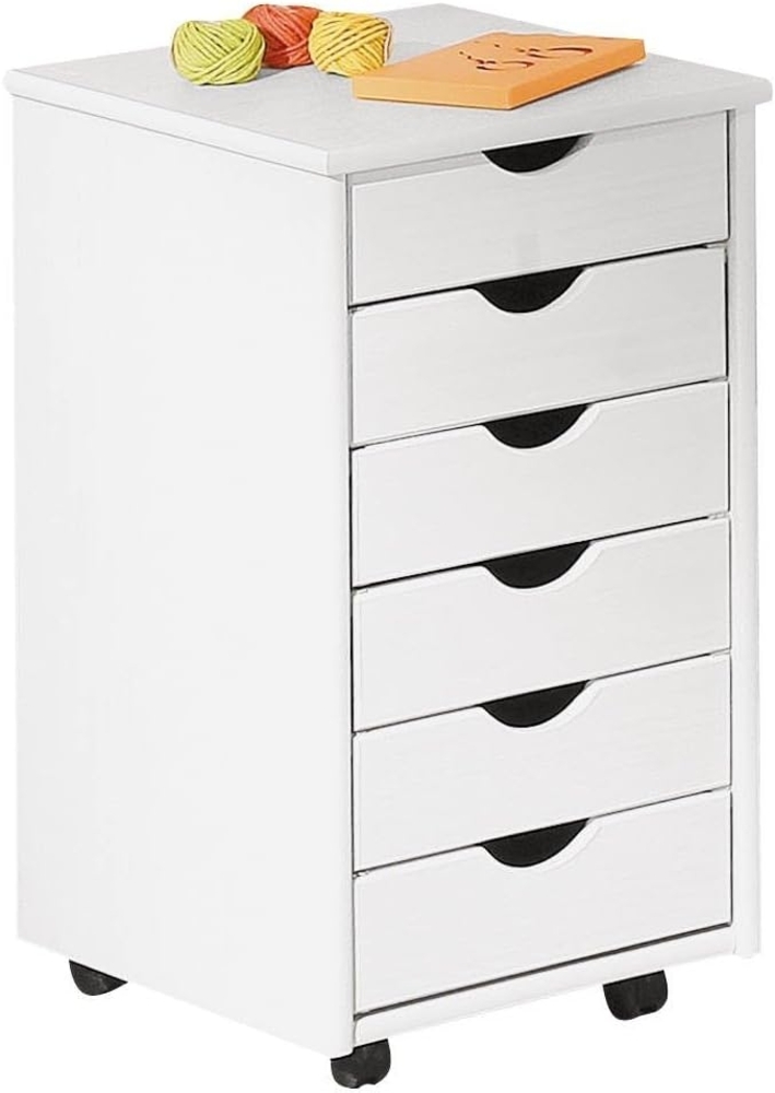 Dmora Bürokommode mit sechs Schubladen auf Rollen, Farbe weiß, 36 x 65 x 40 cm Bild 1