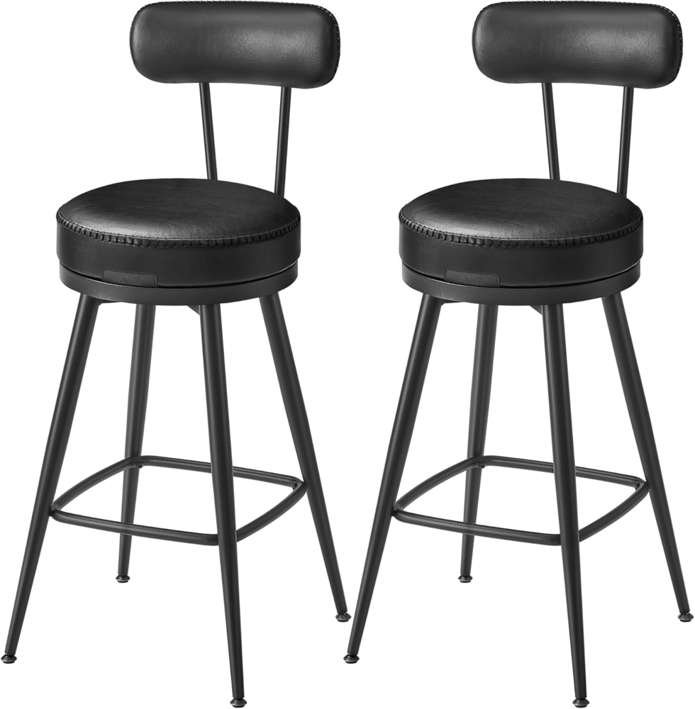 VASAGLE EKHO Kollektion - 360° drehbarer Barhocker, 2er Set, Hocker mit Rückenlehne für Kücheninsel, Kunstleder mit Nähten, Mid-Century-Modern-Stil, 65 cm hoch, Küche, Hausbar, tintenschwarz Bild 1