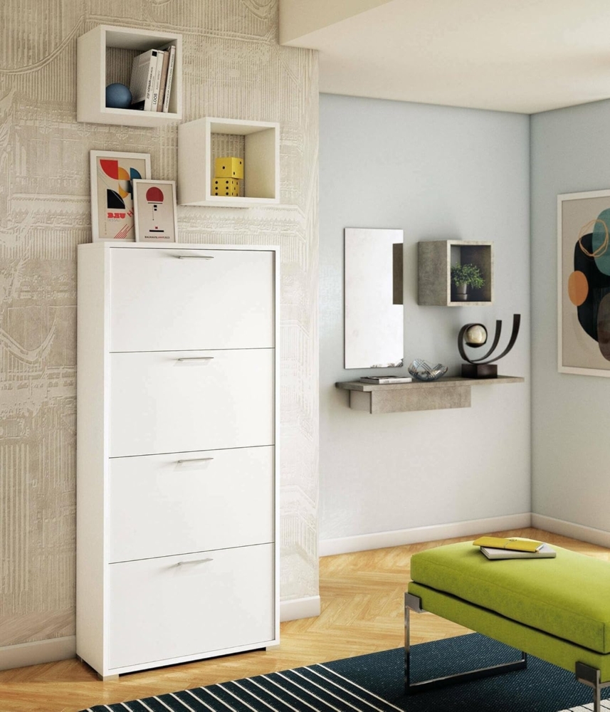 Dmora - Schuhregal Rosa, Mehrzweck-Eingangsmöbel mit 4 Falttüren, Schuhschrank mit doppelter Tiefe, 100 % Made in Italy, 67 x 28 x 147 cm, Weiß, Bild 1