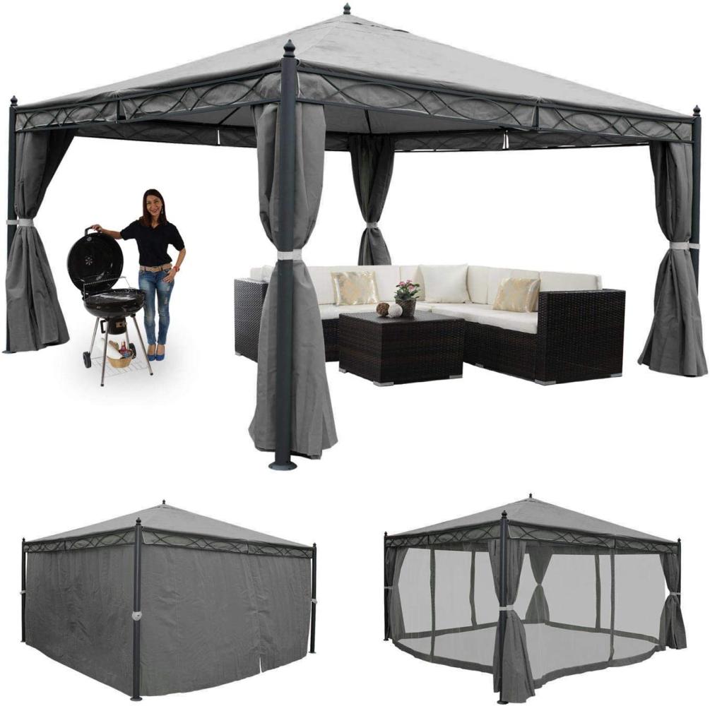 Pergola Cadiz, Garten Pavillon, stabiles 7cm-Gestell mit Seitenwand + Moskitonetz ~ grau 4x4m Bild 1