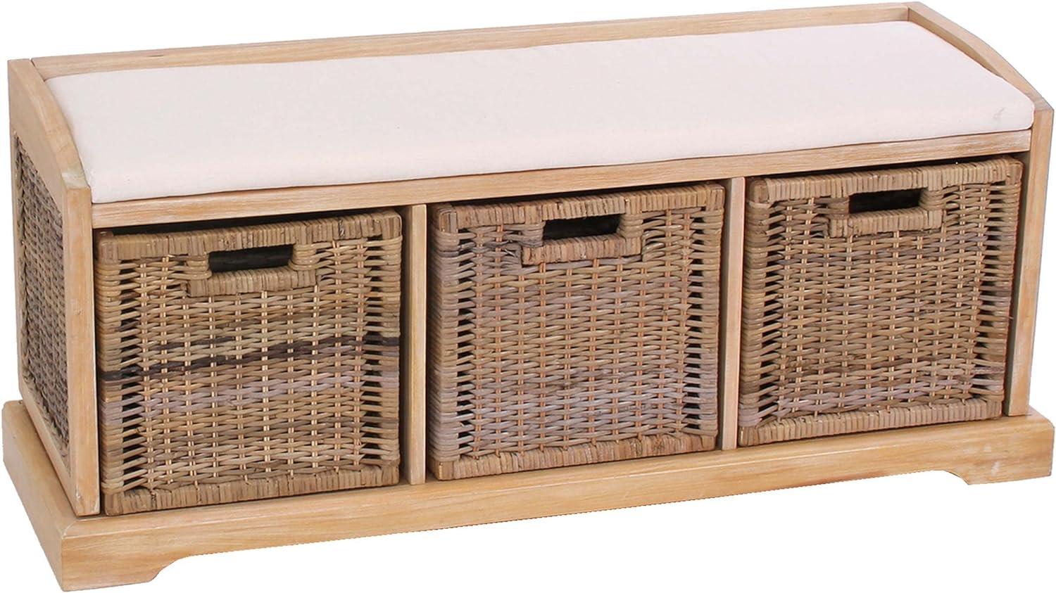 Sitzbank Bienne, Aufbewahrungsbox, 3 Körbe, Kubu-Rattan-Geflecht, 112x46x37cm ~ hell Bild 1