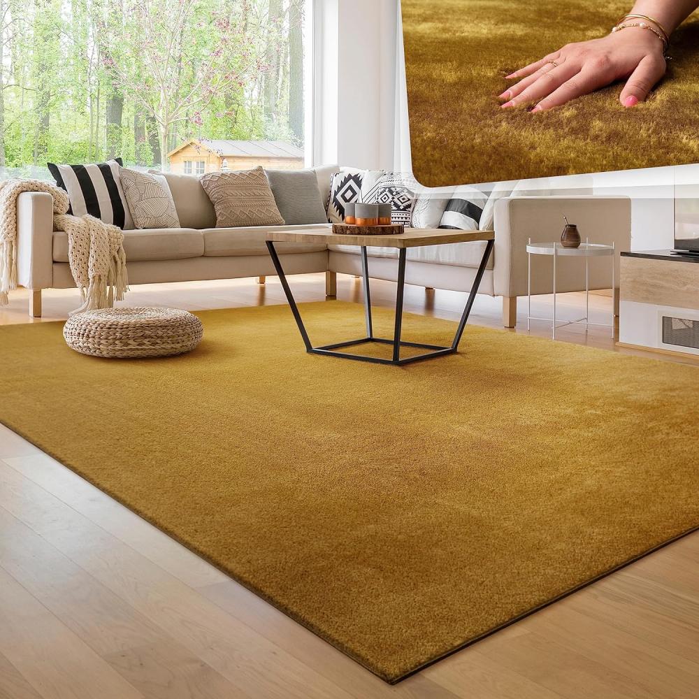 Paco Home Waschbarer Teppich Wohnzimmer Schlafzimmer Kurzflor rutschfest Flauschig Weich Moderne Einfarbige Muster, Grösse:200 cm Quadrat, Farbe:Gelb Bild 1