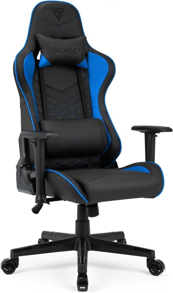 SENSE7 Gaming Spellcaster Bürostuhl Zocker Gamer Ergonomischer Stuhl Armlehne Einteiliger Stahlrahmen Einstellbarer Neigungswinkel Schwarz-Blau, Leder, 43-52 x 69,5 x 57 Bild 1