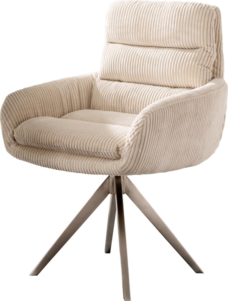 Esszimmerstuhl Abelia-Flex mit Armlehnen Cord Beige Kreuzgestell kantig Edelstahl Bild 1