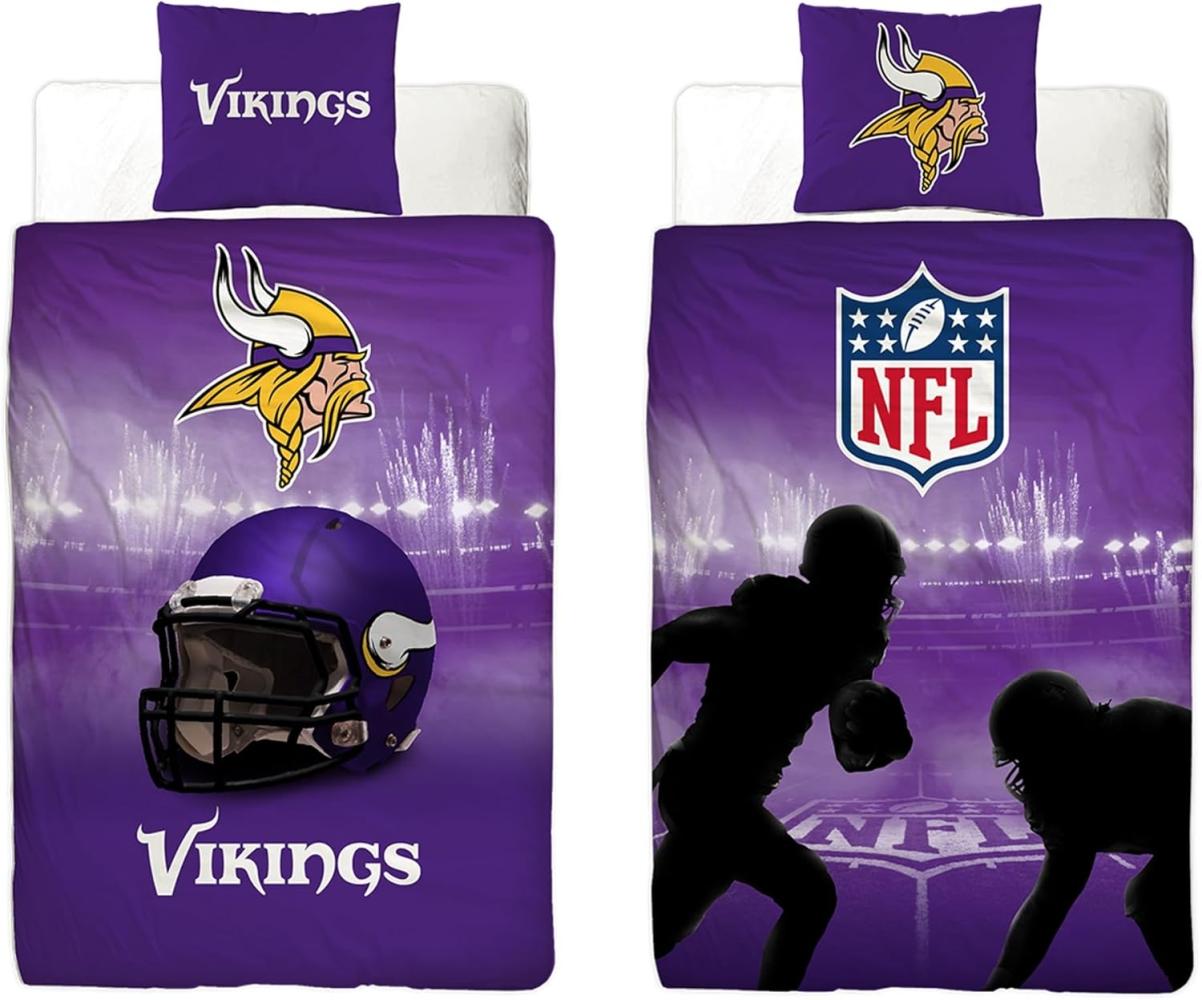 BERONAGE Wendebettwäsche NFL American Football Bettwäsche Minnesota Vikings Linon / Renforcé, 100% Baumwolle, 2 teilig, 135x200 + 80x80 cm Bild 1