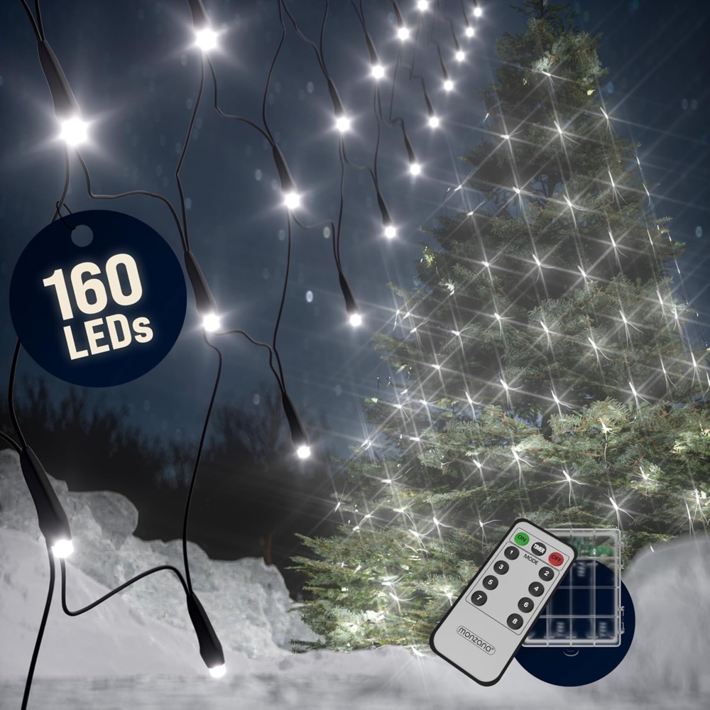 monzana Lichterkette, 160 LEDs Lichternetz Batterie Fernbedienung 8 Leuchtmodi Timer IP44 Bild 1