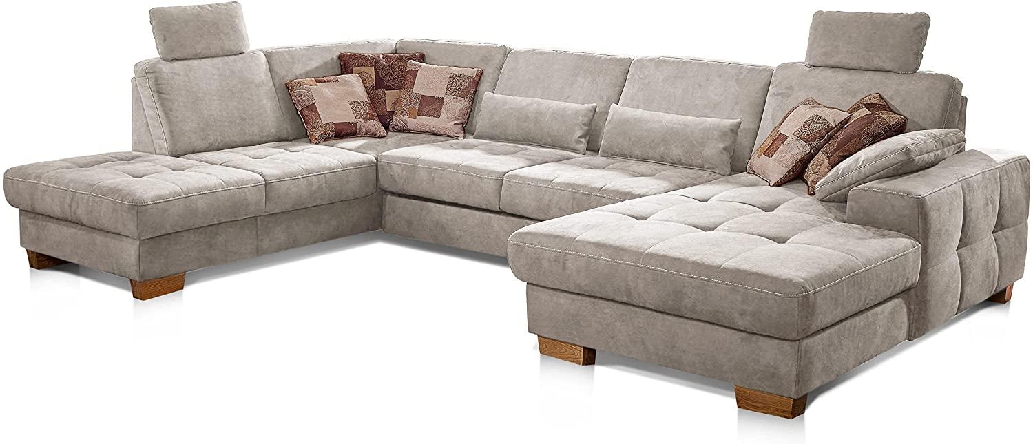 CAVADORE Wohnlandschaft Puccino mit Federkern, Sitztiefenverstellung und 2 Kopfstützen / Sofa in U-Form im Landhausstil / 340 x 86 x 224 cm / Mikrofaser Creme Bild 1