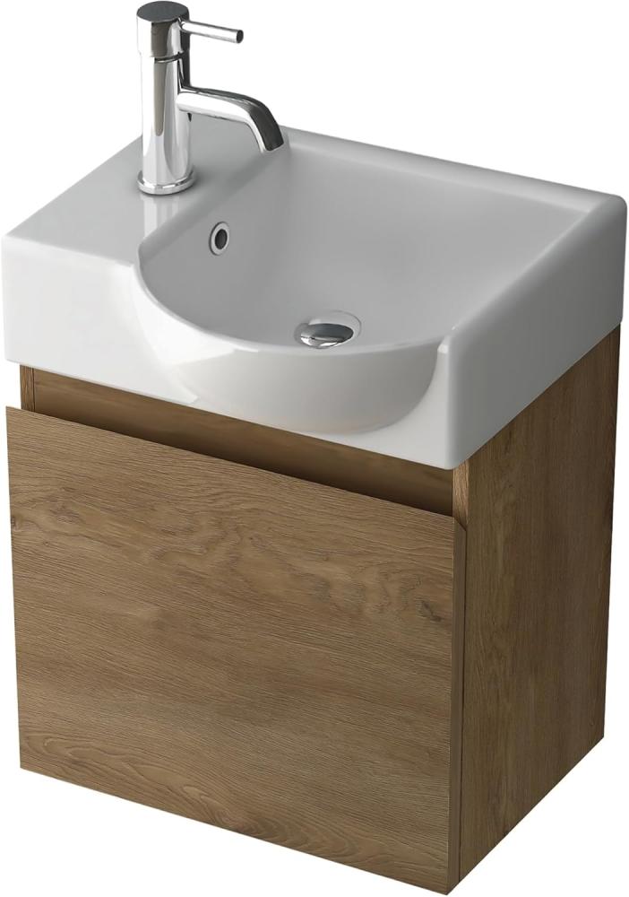 Alpenberger Badmöbel-Set - Gäste WC Waschbecken mit Unterschrank 45 cm Breit, (Badschrank 2-tlg, Waschtisch hängend), Waschbeckenunterschrank mit Softclose - Farbe Eiche - Rechts Becken Bild 1