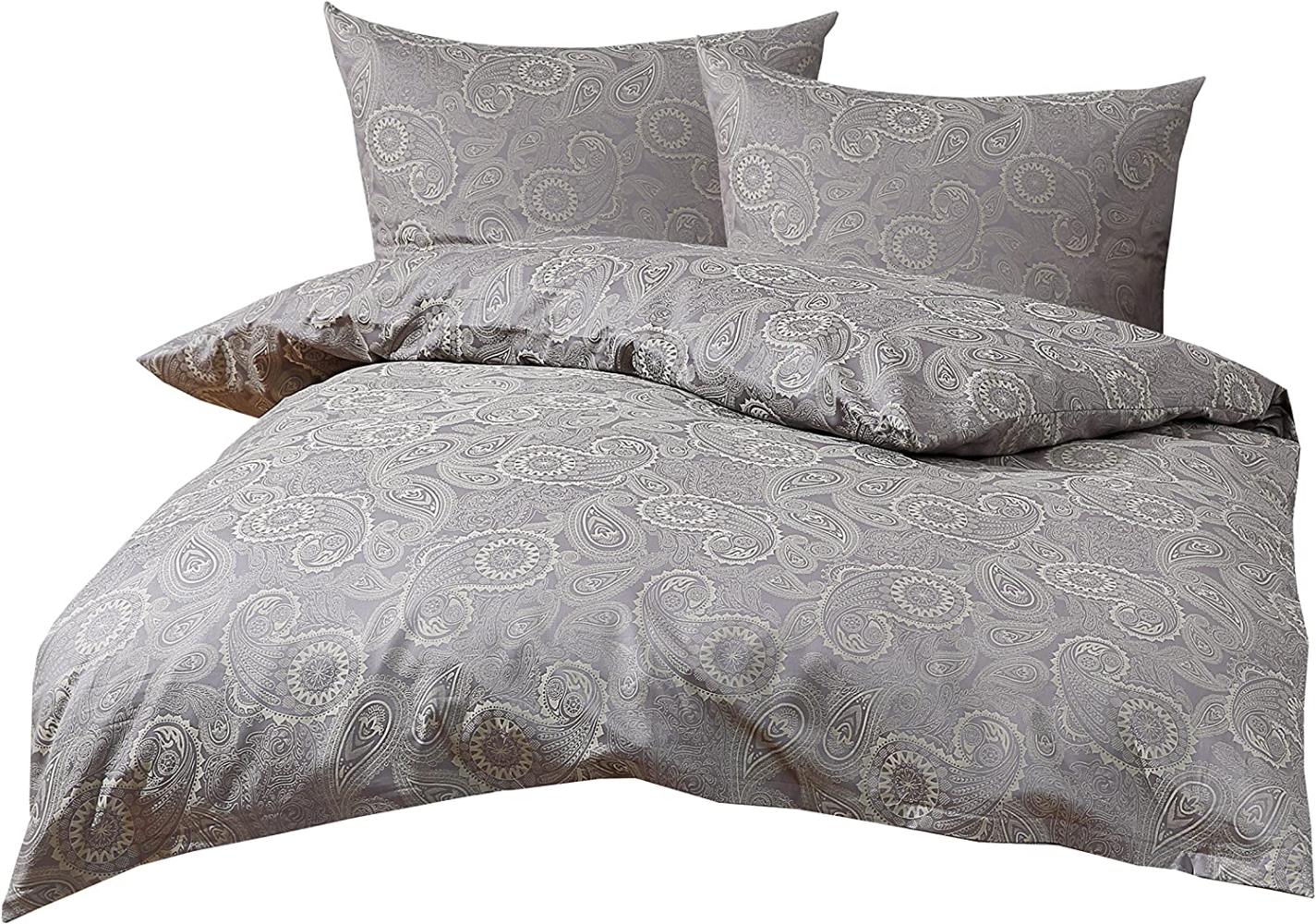 Bettwaesche-mit-Stil Mako-Satin Damast Paisley Bettwäsche "Davos" grün - grau Garnitur 200x220 + 2x 80x80 Bild 1