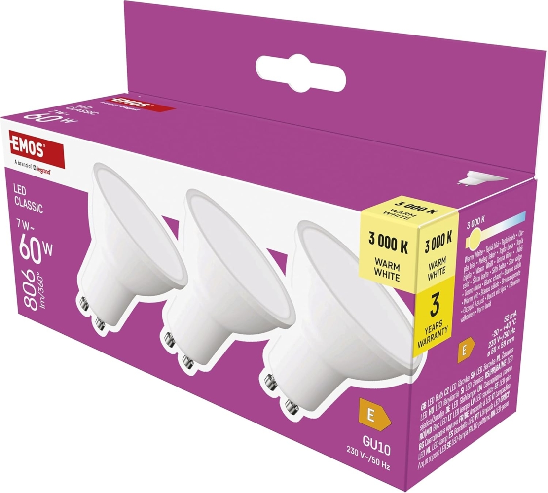 EMOS LED Lampe Spot 3er Pack, MR16 mit GU10 Sockel, 3 Stück 7W Ersatz für 60W Halogenlampe, Helligkeit 806 lm, Warmweiß 3000 K, 30000 h Lebensdauer, CRI min. 80, 100° Abstrahlwinkel, weiße Farbe Bild 1