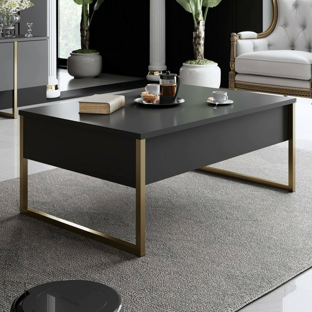 Dmora - Wohnzimmertisch Canis, Niedriger Wohnzimmertisch, Kaffeeregal, Couchtisch für Sofa, 90x60h40 cm, Anthrazit und Gold Bild 1