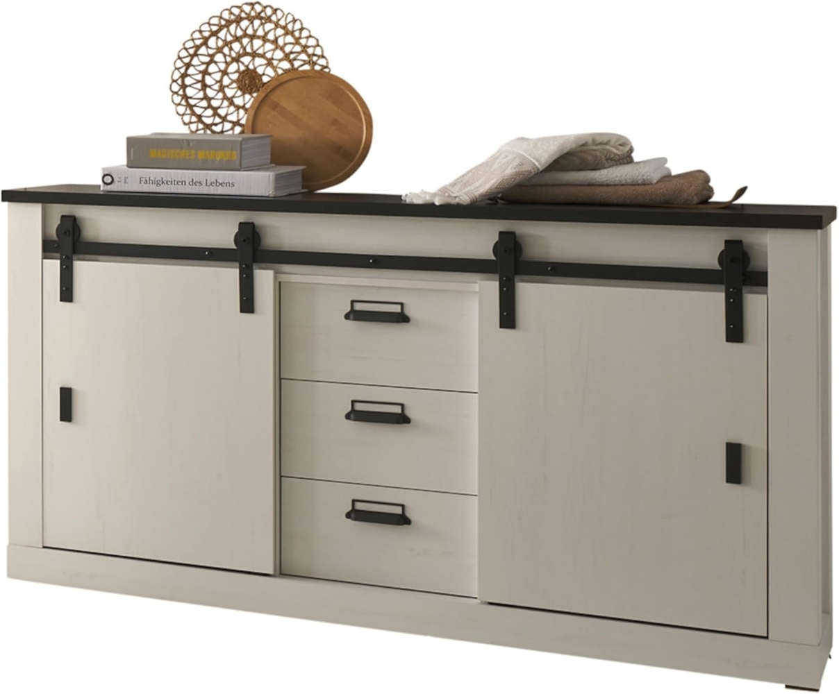 Büro Kommode Stove in weiß Pinie und anthrazit Landhaus 162 x 91 cm Bild 1