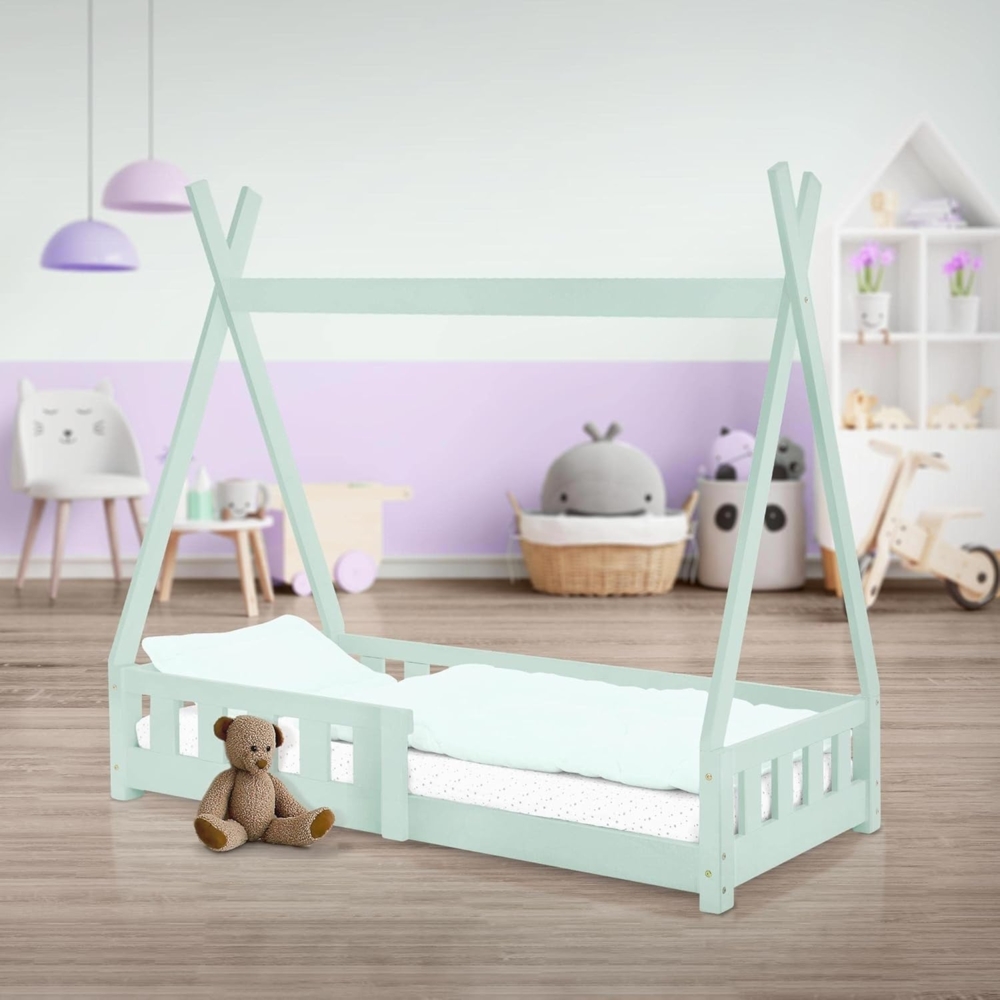 ML-DESIGN Kinderbett Hausbett Tipi Zeltbett inkl. Lattenrost Bodenbett Kinder Himmelbett, Abenteuerbett mit Rausfallschutz Zelt Spielbett Kiefer Mint Kinderhaus Bild 1