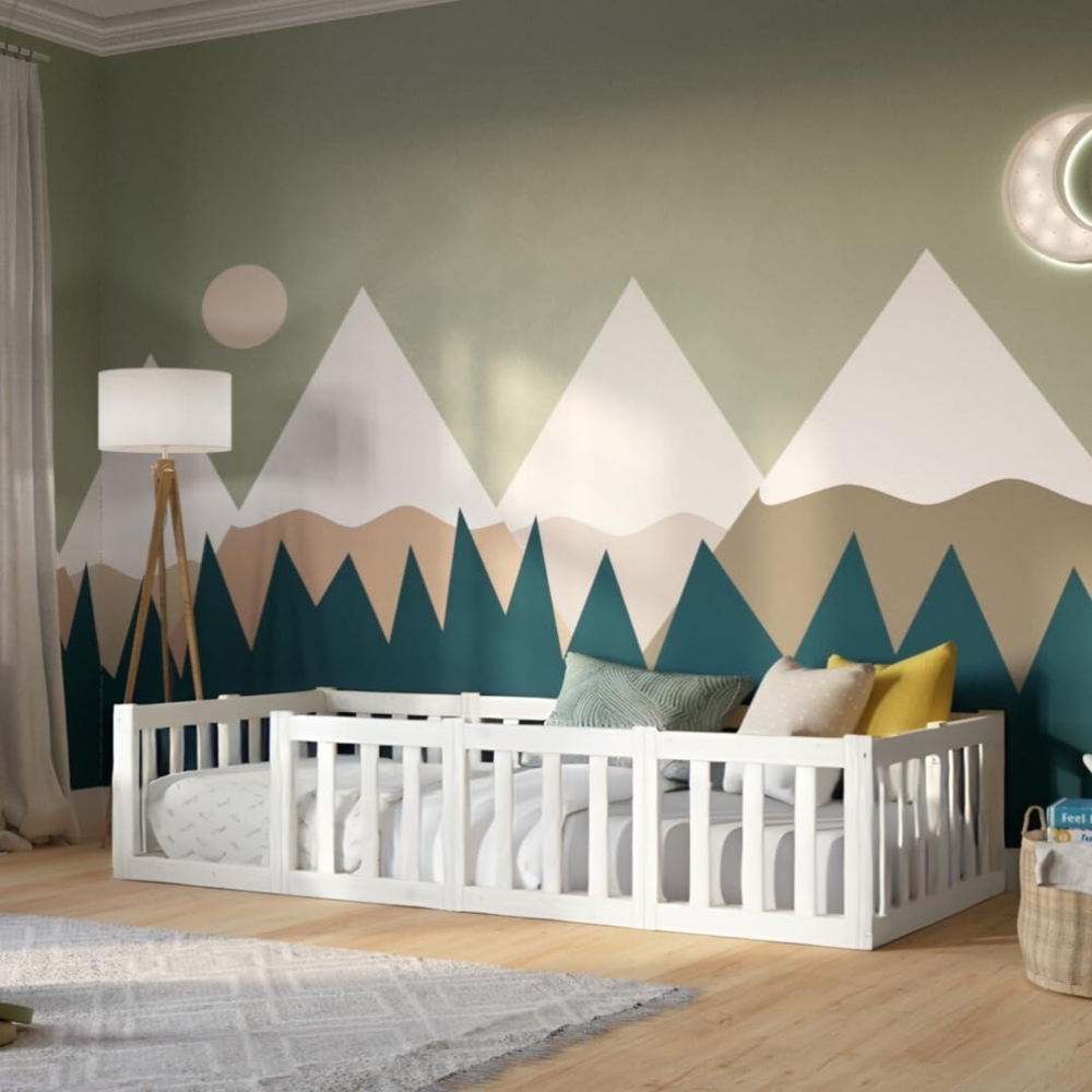 Crazy Pine Kinderbett 200x120 cm – Montessori Bodenbett mit Rausfallschutz 40cm - Weiß mit Glatter Oberfläche - Perfekt für Jungen und Mädchen Crazy Johnny Bild 1